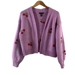 Forever 21 Pink Cherry Embroidered Chunky Knit Open Cardigan Sweater Womens S